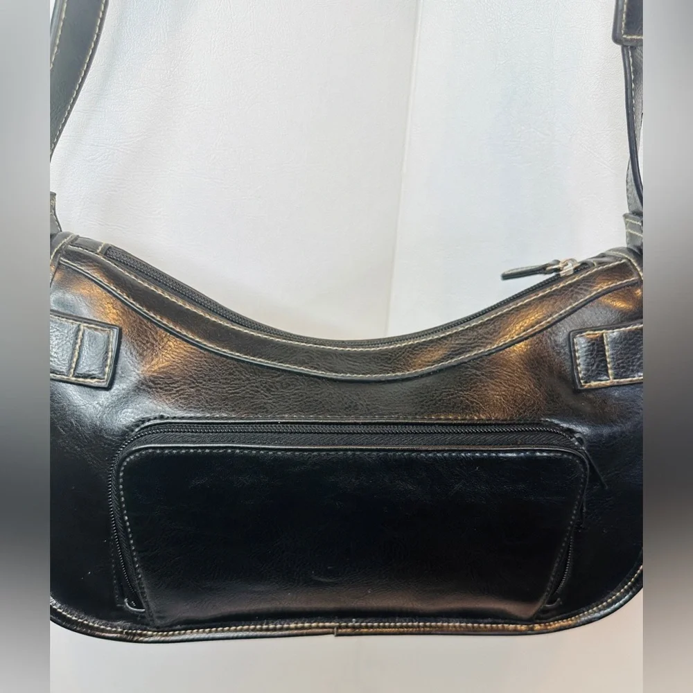 Duck Head Black Faux Leather Hobo Shoulder Bag With Silver Tone Hardware